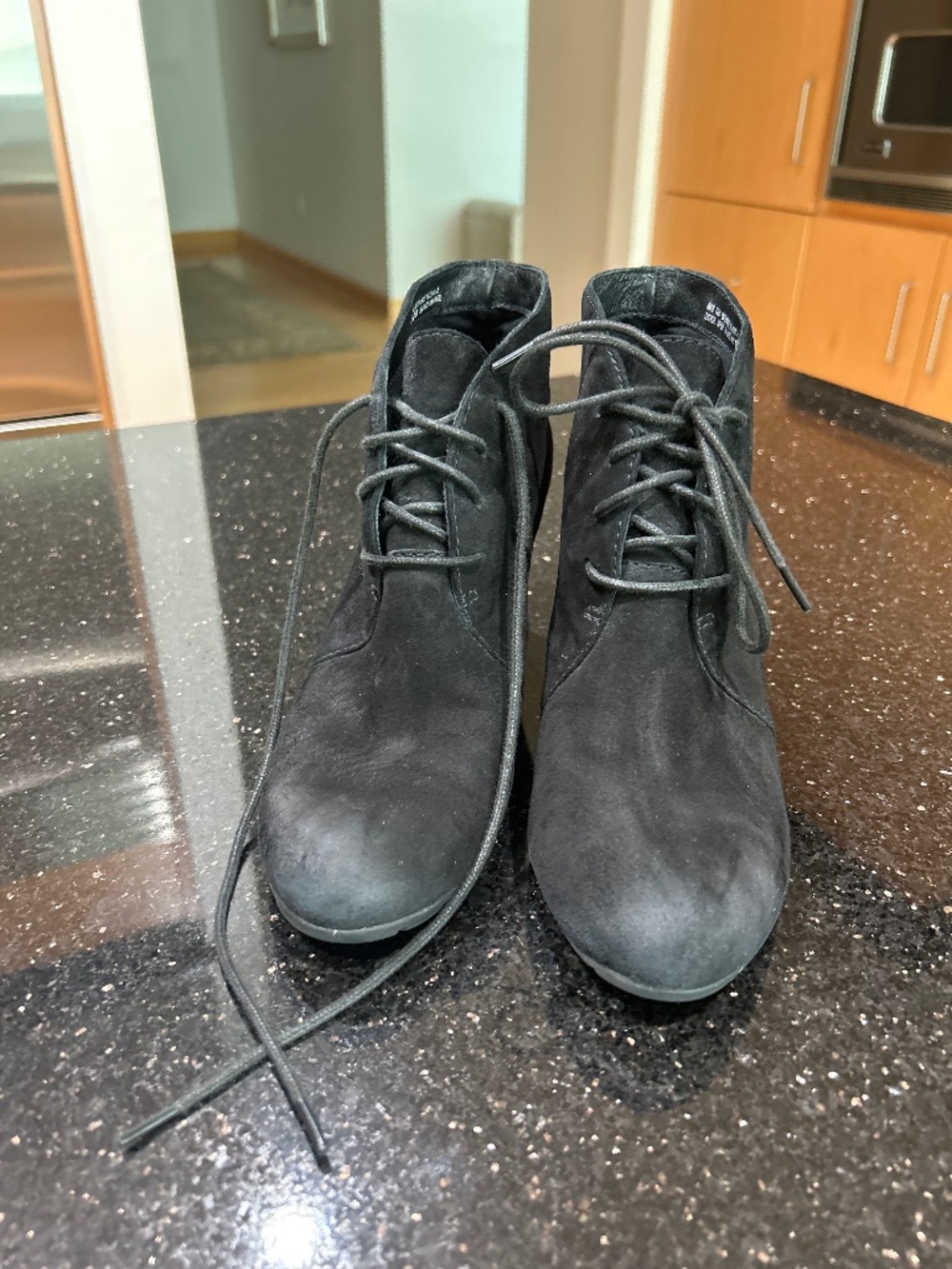 Black suede lace-up wedge ankle bootie 7-1/2M